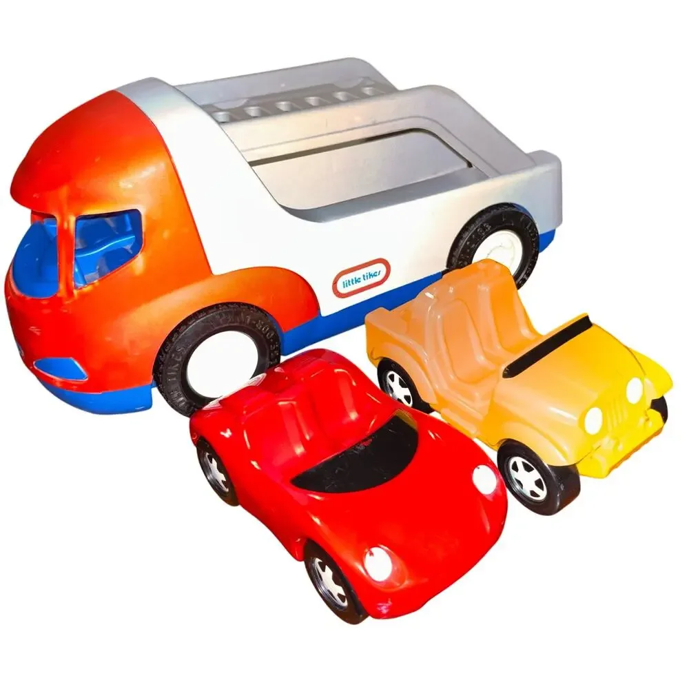 Vintage Little Tikes toy car hauler carrier semi truck with two cars